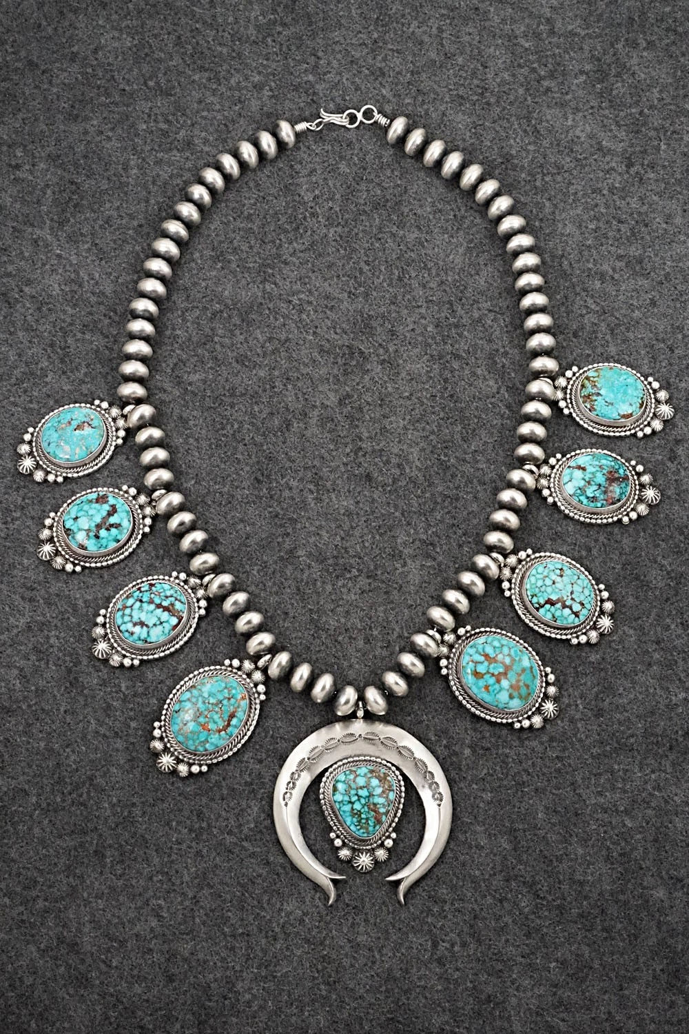 Turquoise & Sterling Silver Squash Blossom Necklace - Tom Lewis