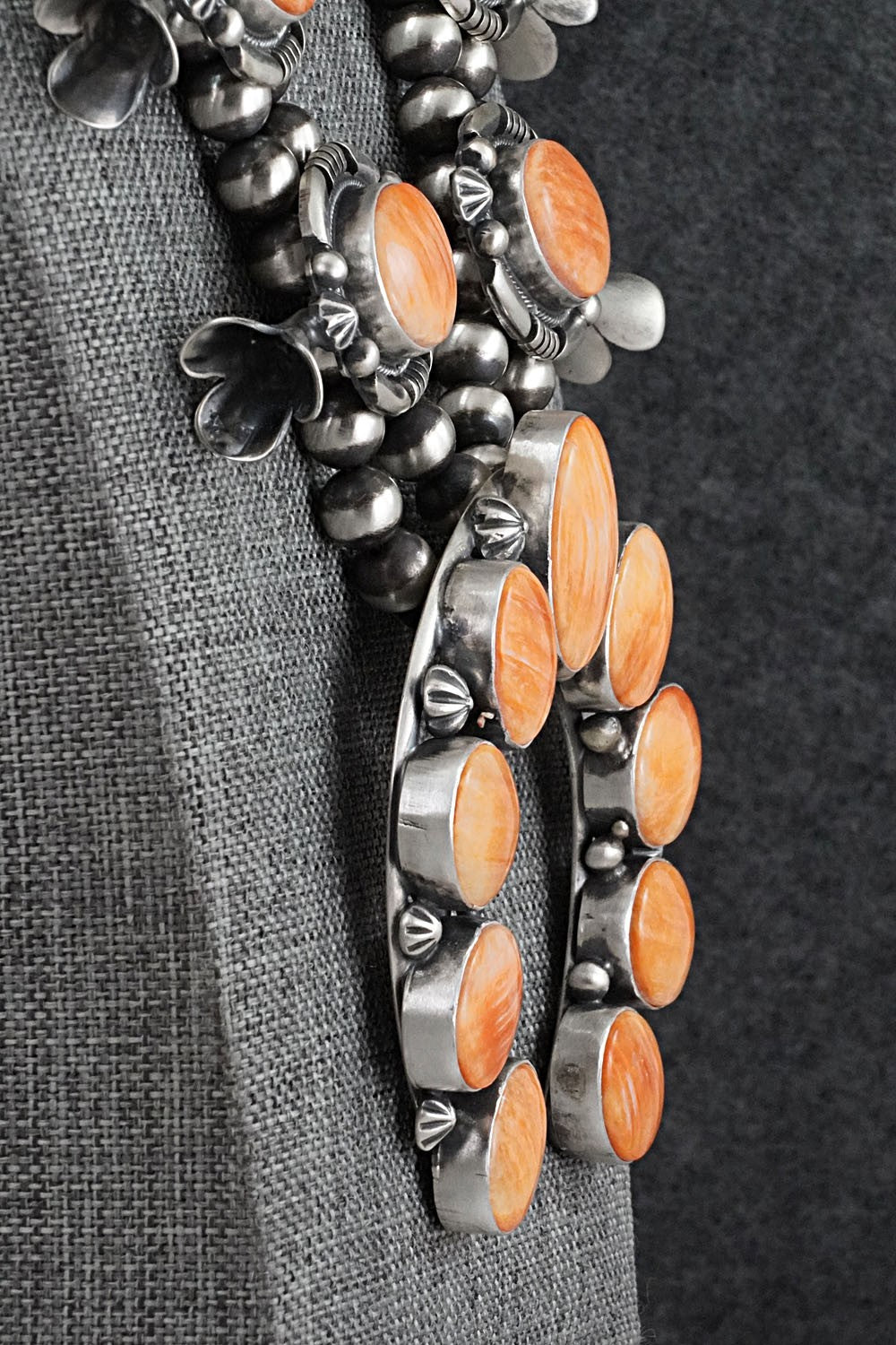 Spiny Oyster & Sterling Silver Squash Blossom Set - Paul Livingston