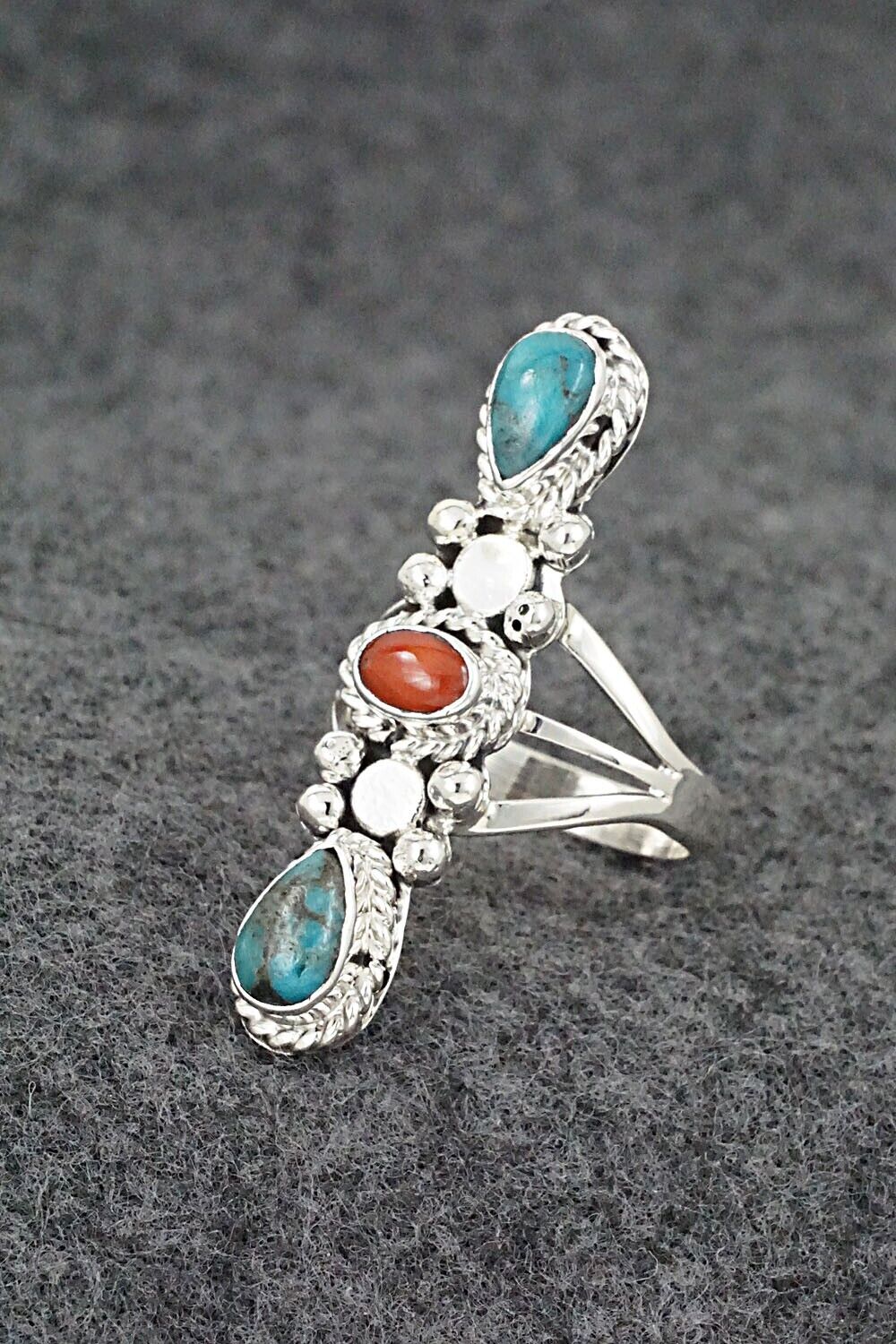 Turquoise, Coral & Sterling Silver Ring - Andrew Vandever - Size 8
