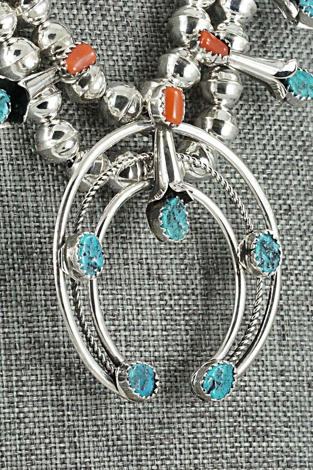 Turquoise, Coral & Sterling Silver Squash Blossom Set - Phil Garcia