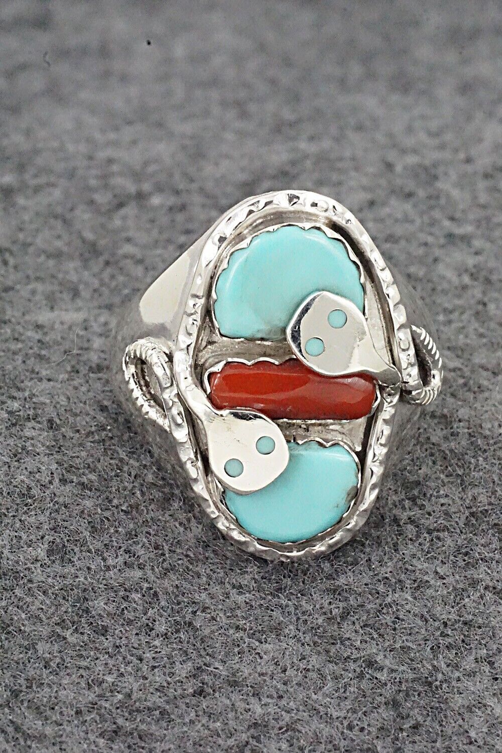 Turquoise, Coral & Sterling Silver Ring - Joy Calavaza - Size 12.5