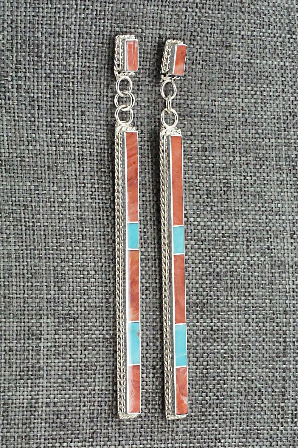 Turquoise, Spiny Oyster & Sterling Silver Inlay Earrings - Ricky Booqua