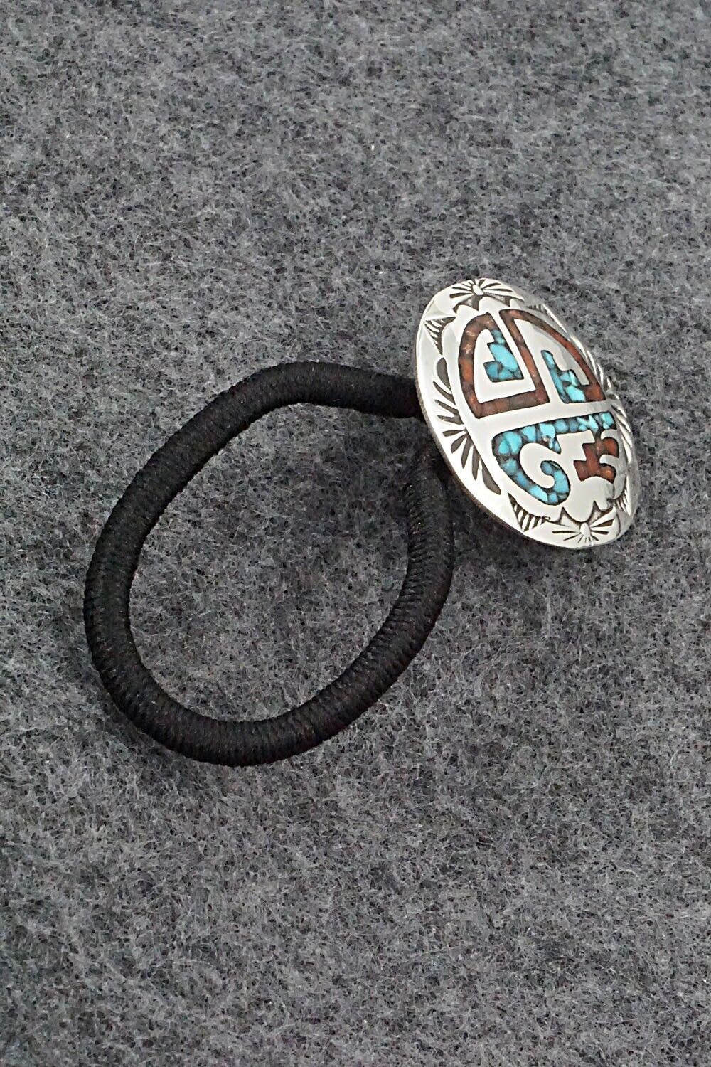 Turquoise, Coral & Sterling Silver Hair Tie - Joleen Yazzie