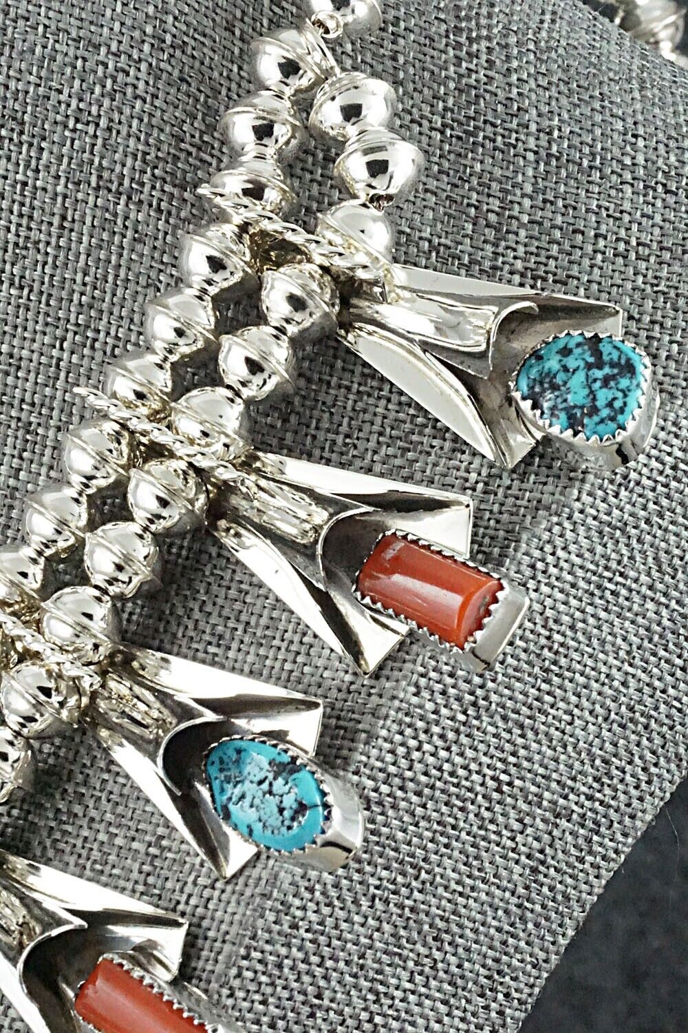 Turquoise, Coral & Sterling Silver Squash Blossom Set - Louise Yazzie