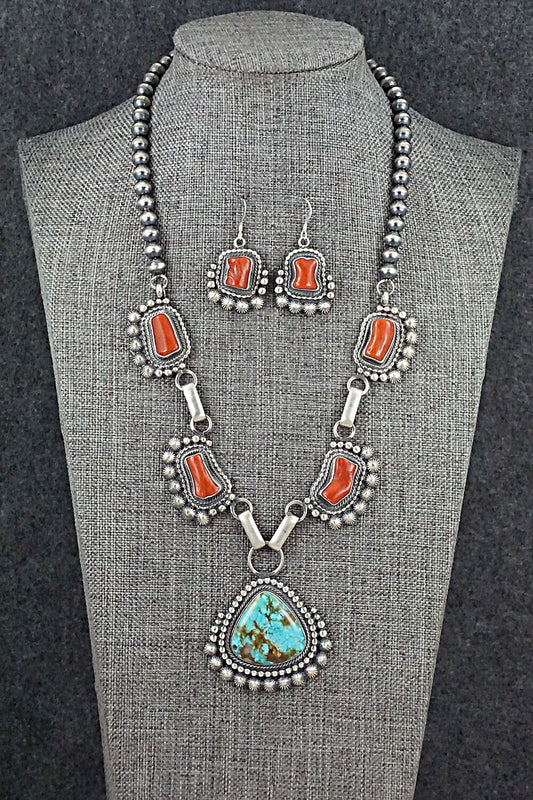 Turquoise, Coral & Sterling Silver Necklace and Earrings Set - Tom Lewis