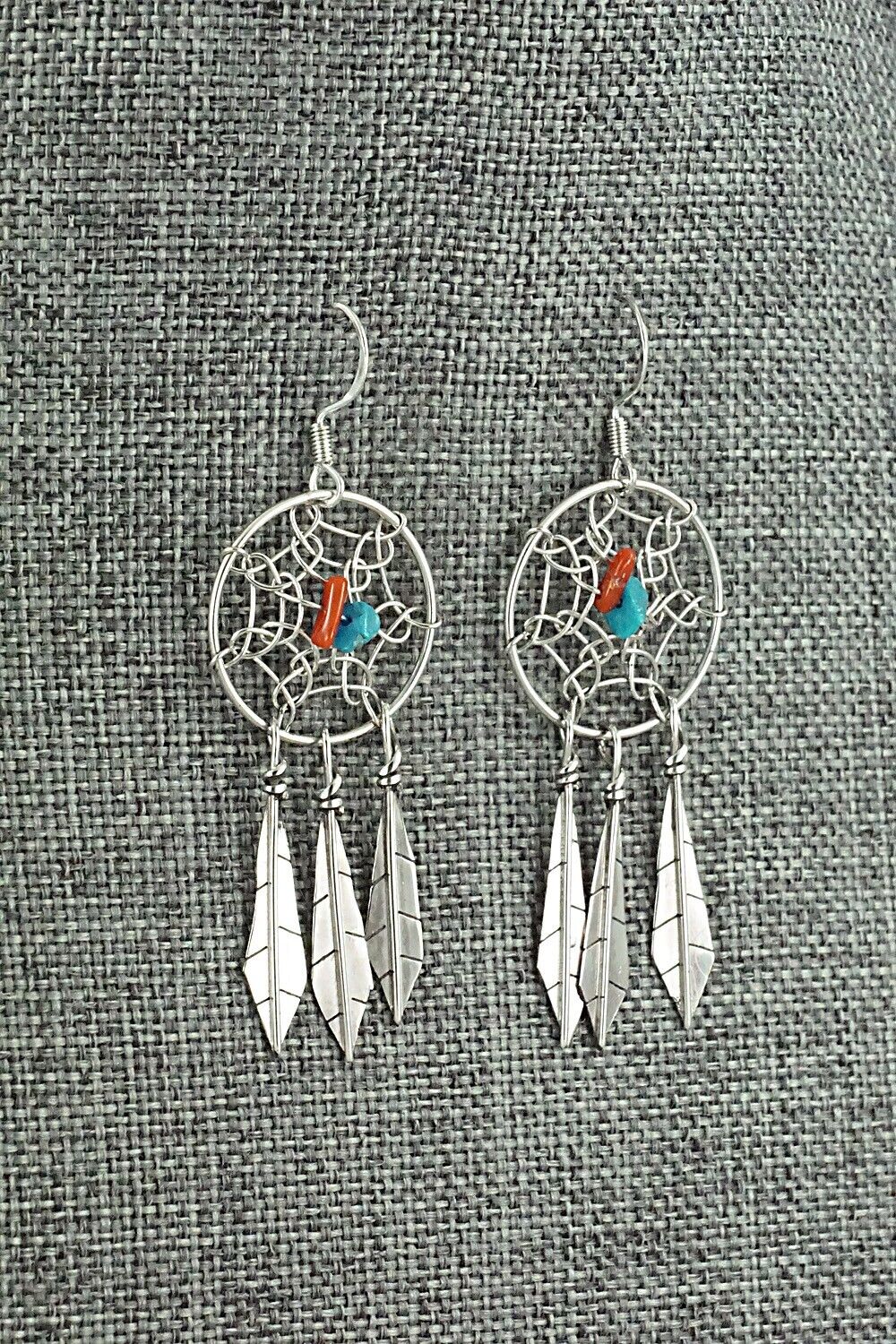 Turquoise, Coral & Sterling Silver Earrings - Lorenzo Arviso Jr.