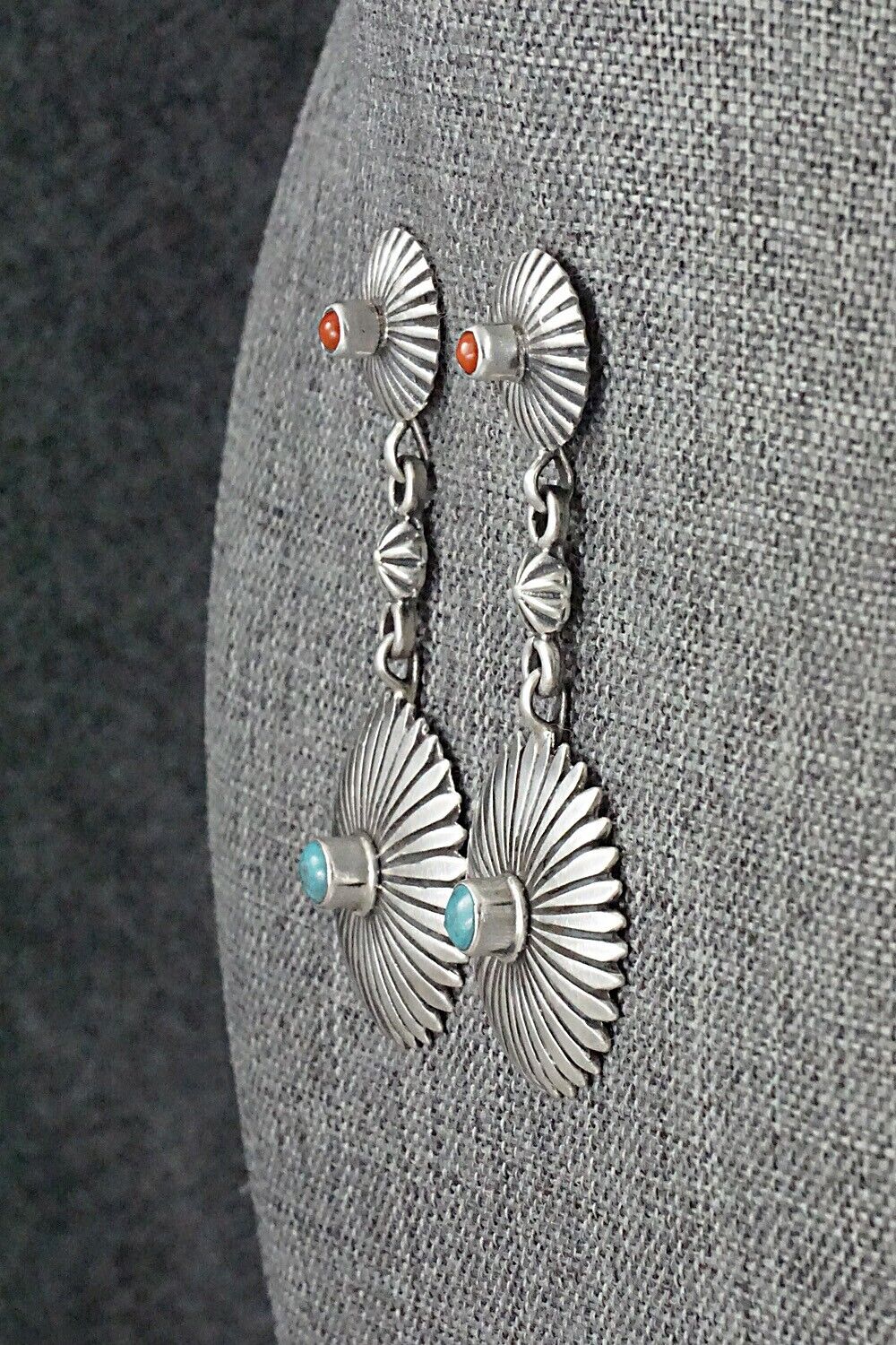 Turquoise, Coral & Sterling Silver Earrings - Verley Betone