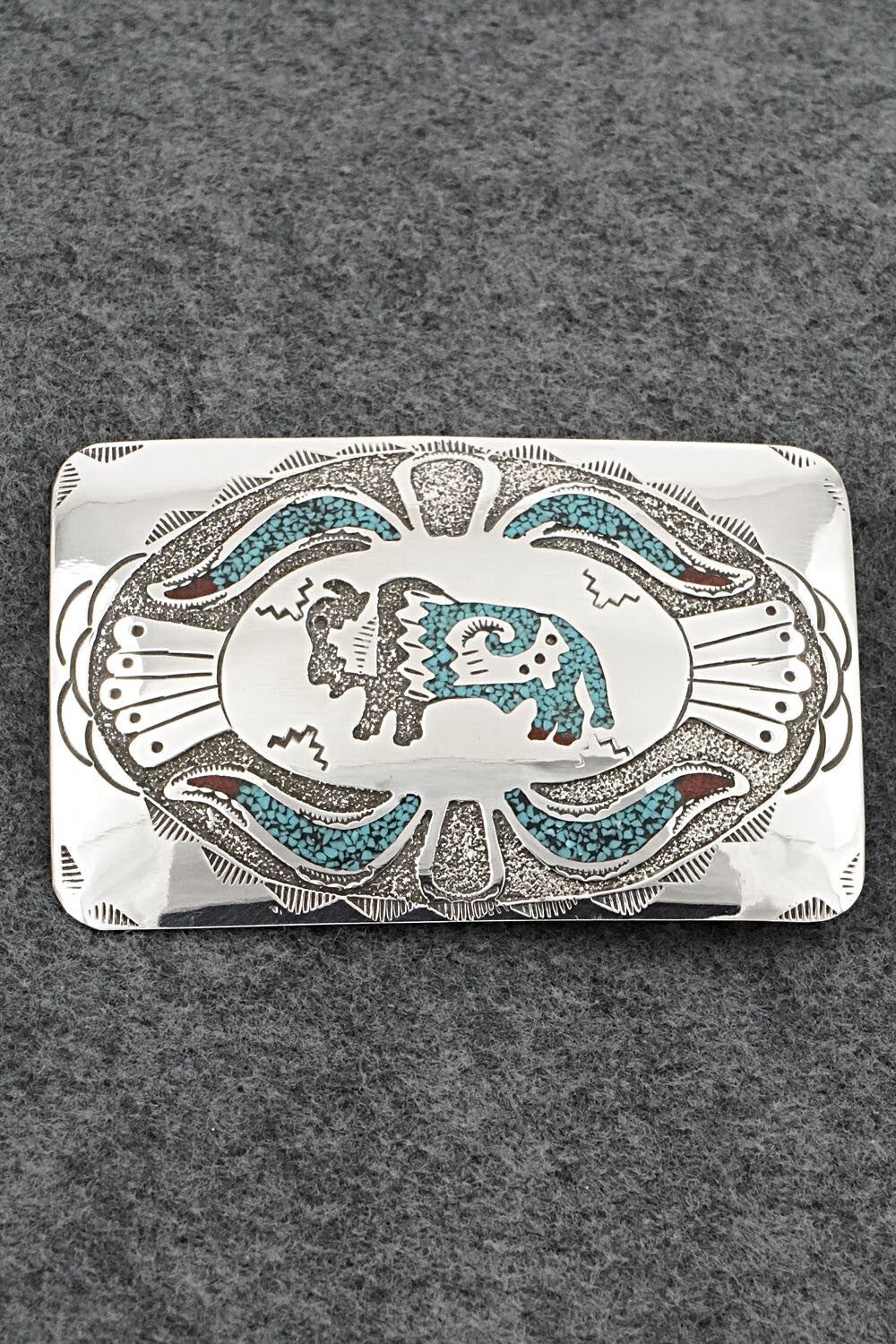Turquoise, Coral Chip Inlay & Sterling Silver Belt Buckle - Raymond Begay