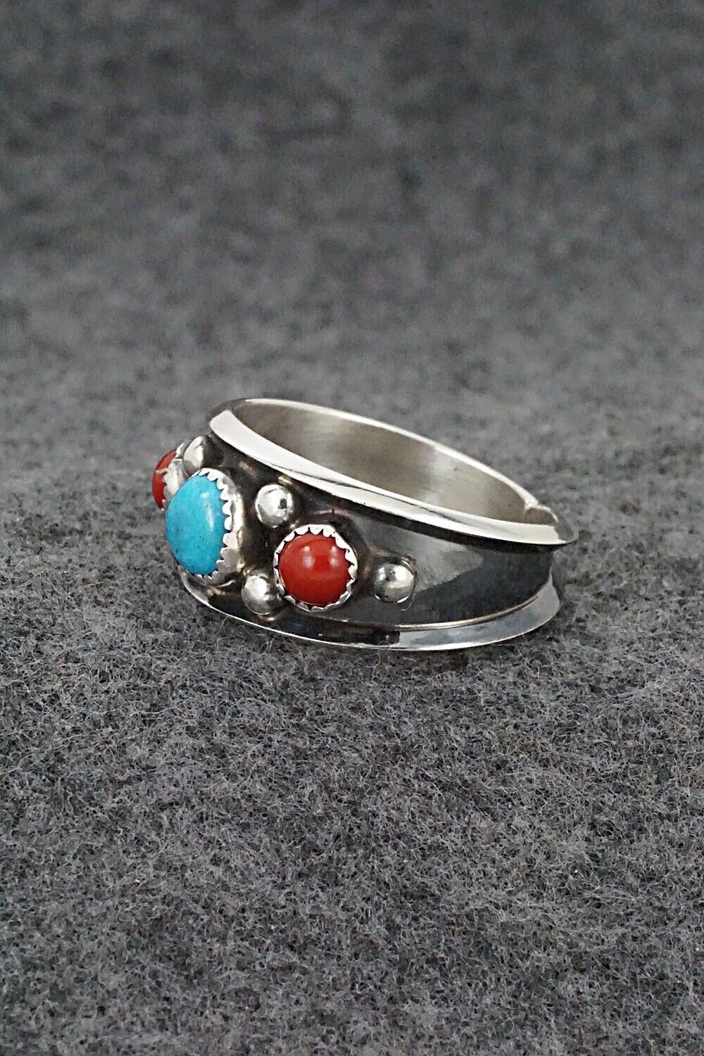 Turquoise, Coral & Sterling Silver Ring - Paul Largo - Size 11.5