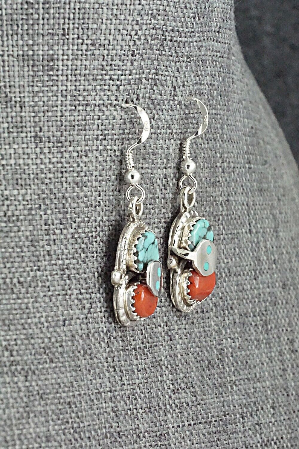 Turquoise, Coral & Sterling Silver Earrings - Joy Calavaza