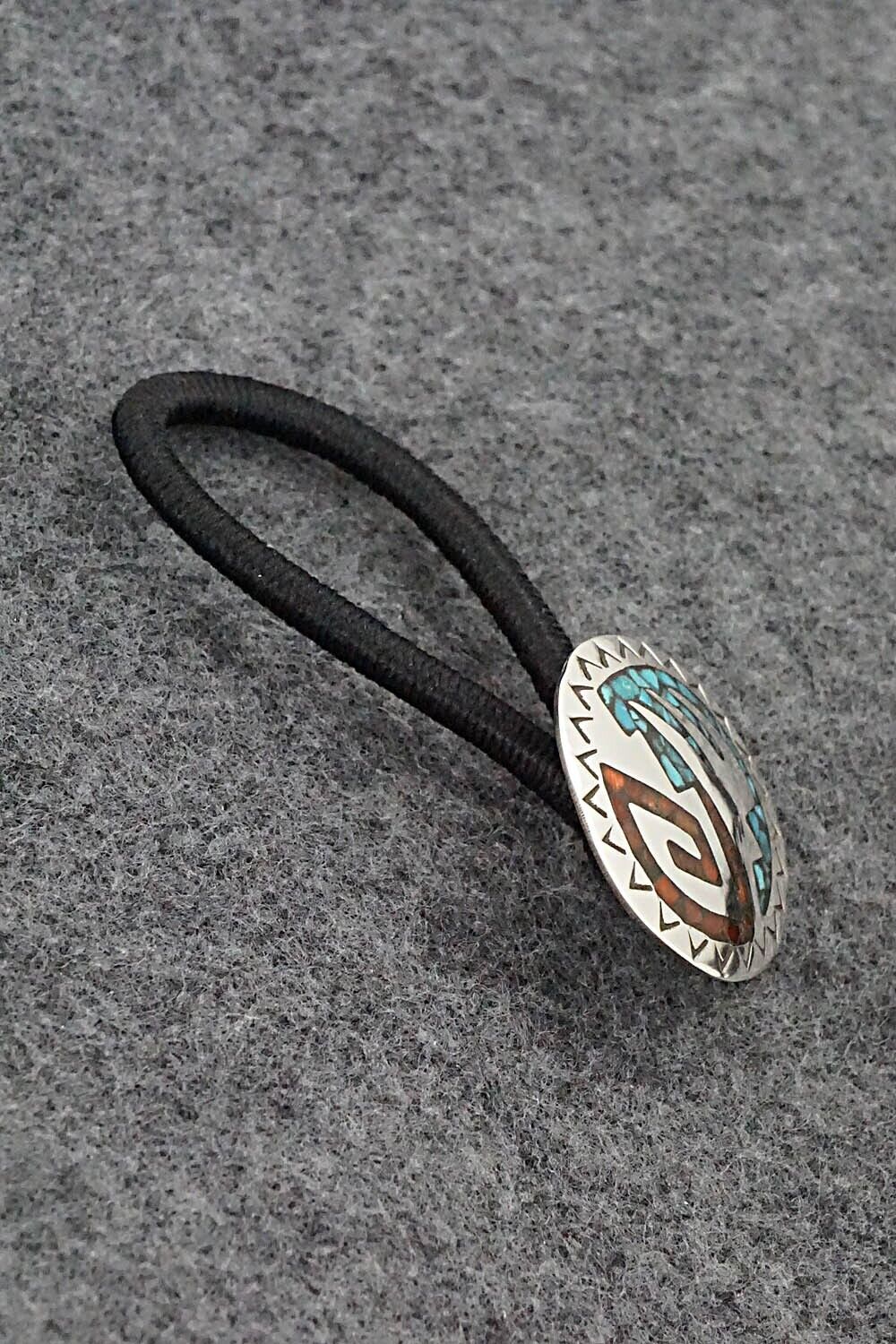 Turquoise, Coral Chip Inlay & Sterling Silver Hair Tie - Joleen Yazzie