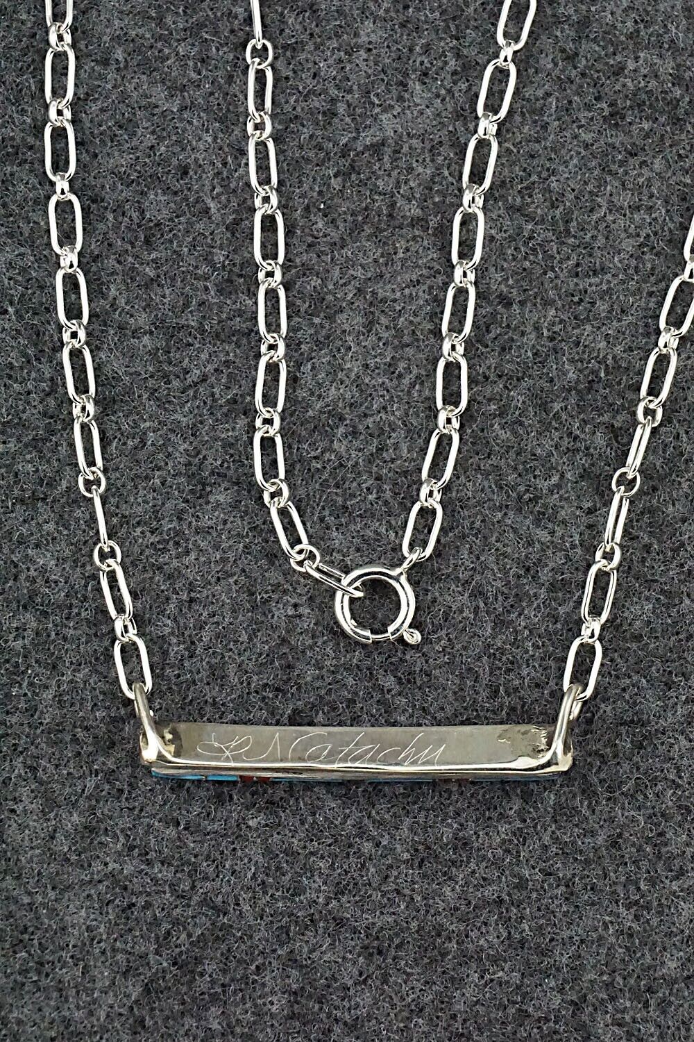 Turquoise, Coral & Sterling Silver Inlay Necklace - Roland Natachu