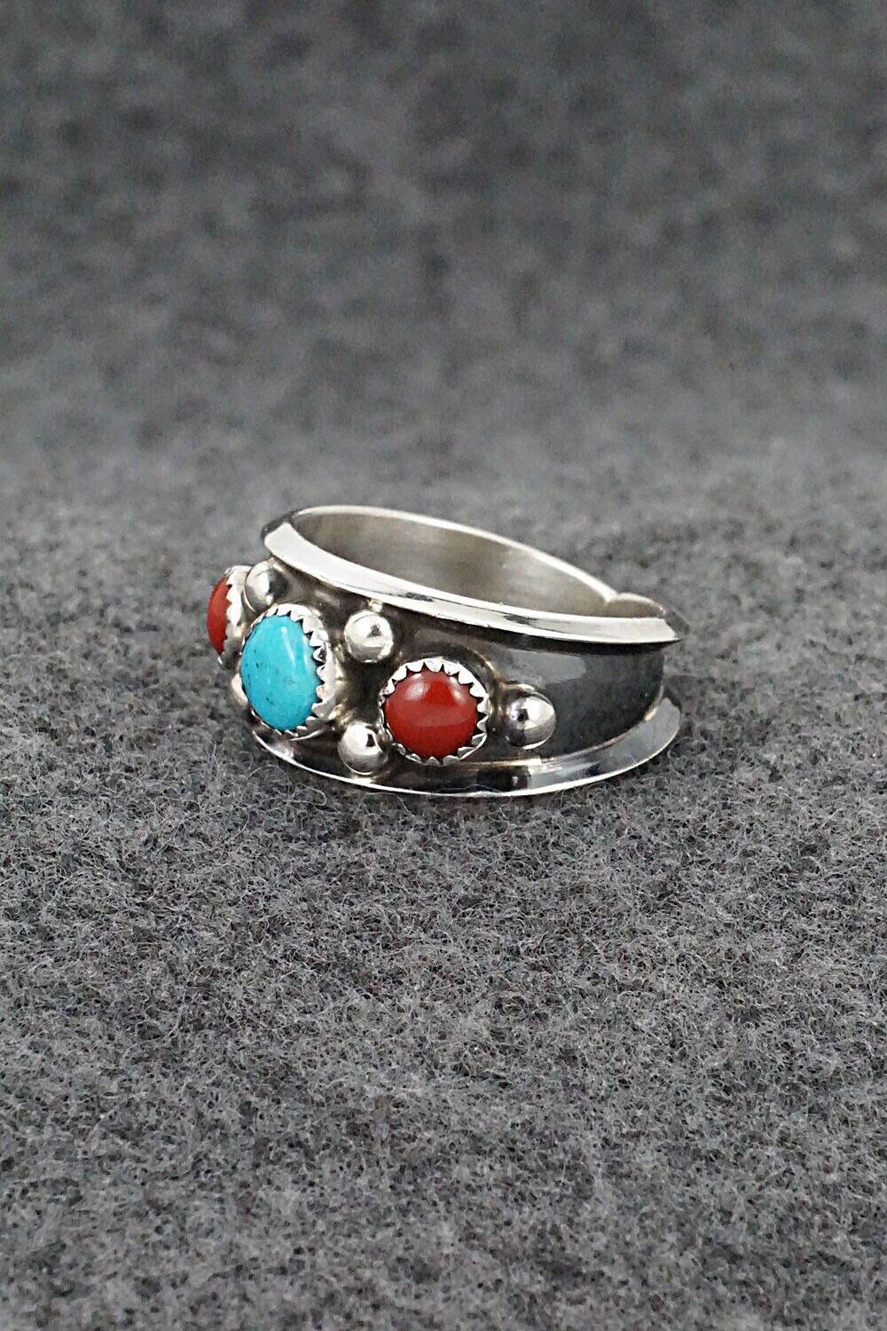 Turquoise, Coral & Sterling Silver Ring - Paul Largo - Size 9.5