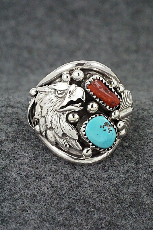 Turquoise, Coral & Sterling Silver Ring - Jeannette Saunders - Size 13.5