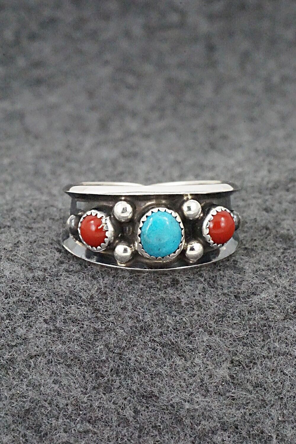 Turquoise, Coral & Sterling Silver Ring - Paul Largo - Size 11.5