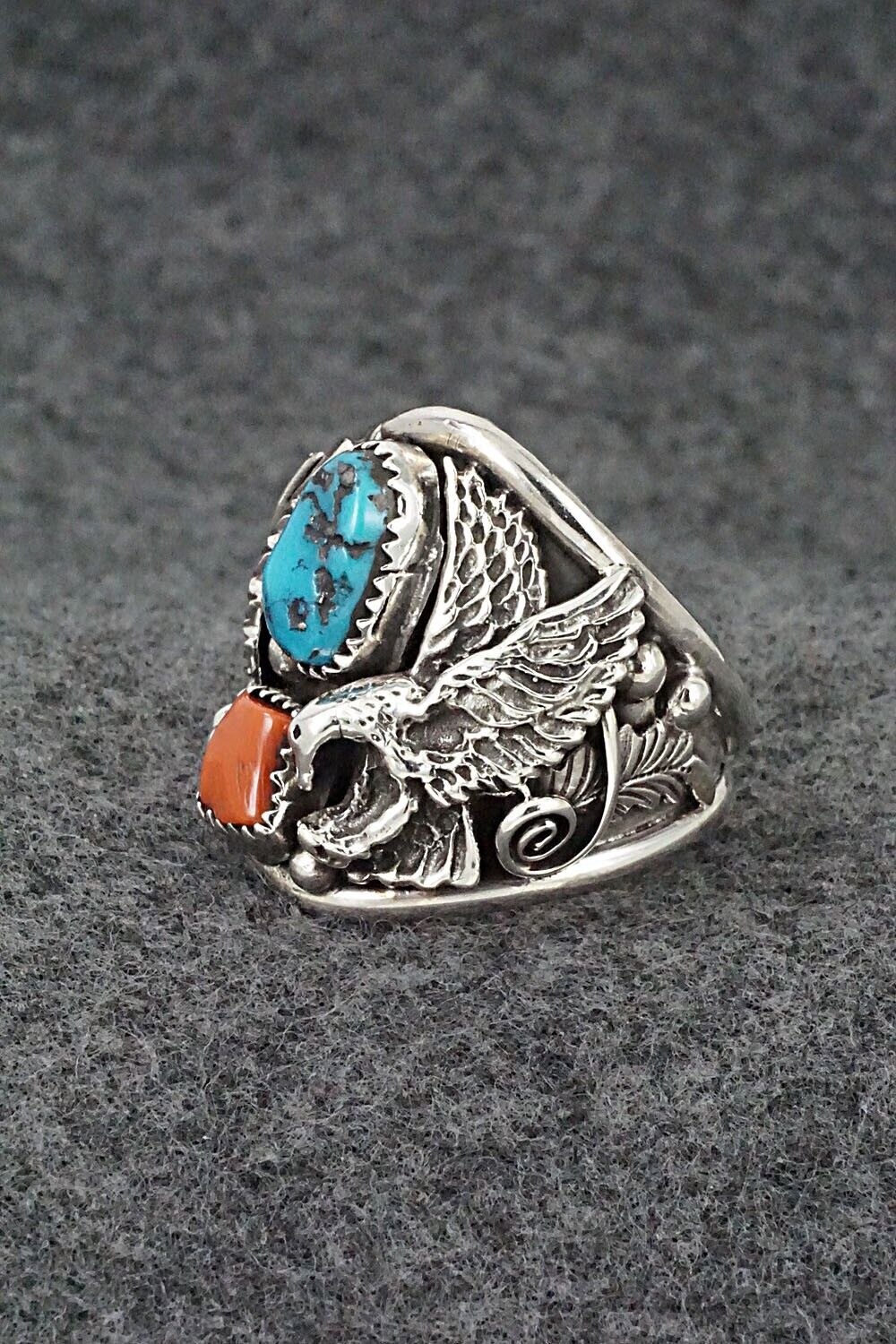 Turquoise, Coral & Sterling Silver Ring - Jeannette Saunders - Size 13