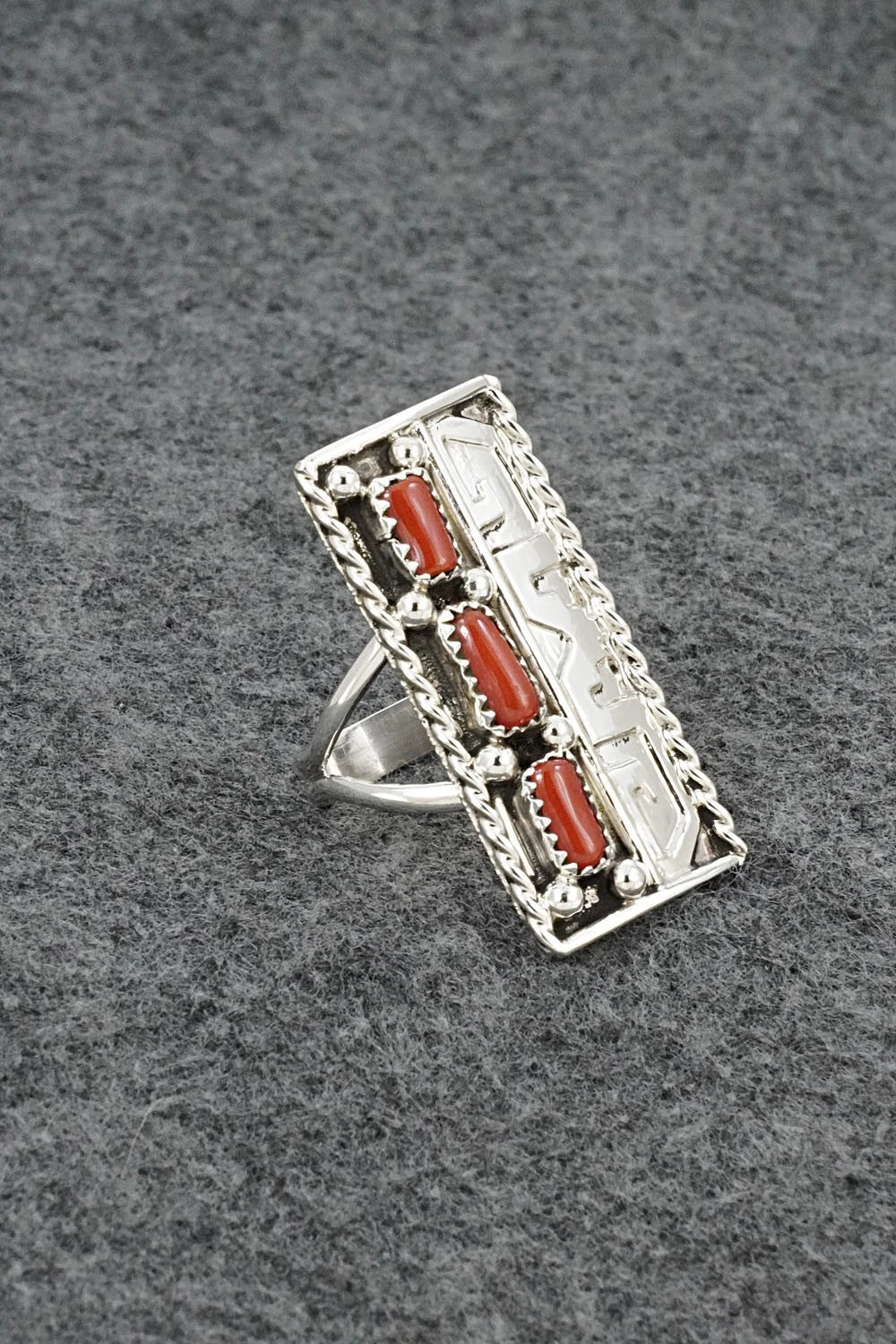 Coral & Sterling Silver Ring - Ronnie Spencer - Size 8.5