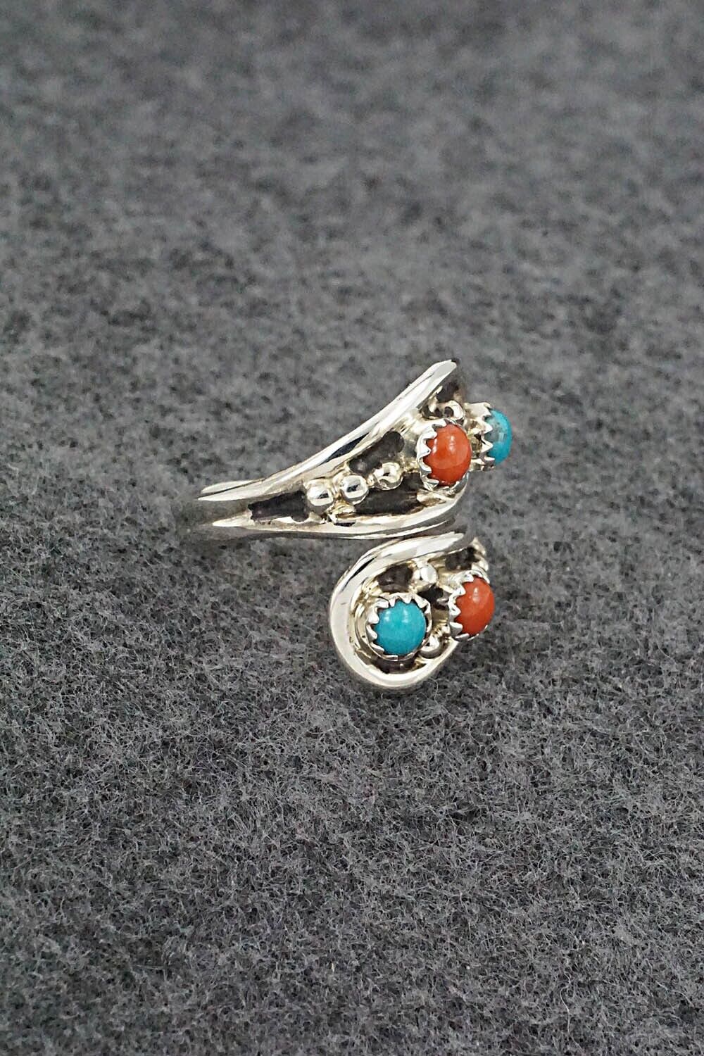 Turquoise, Coral & Sterling Silver Ring - Genevieve Francisco - Size 7