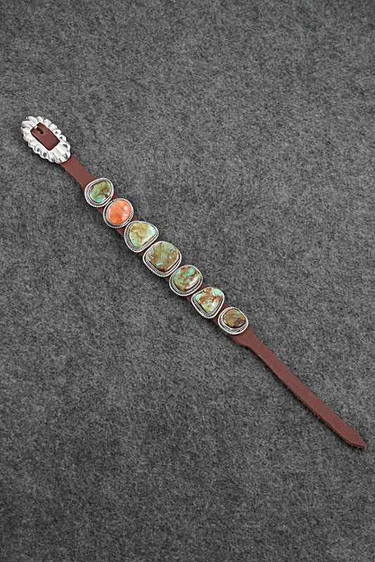 Turquoise, Spiny Oyster, Sterling Silver & Leather Bracelet - Marlene Ramone