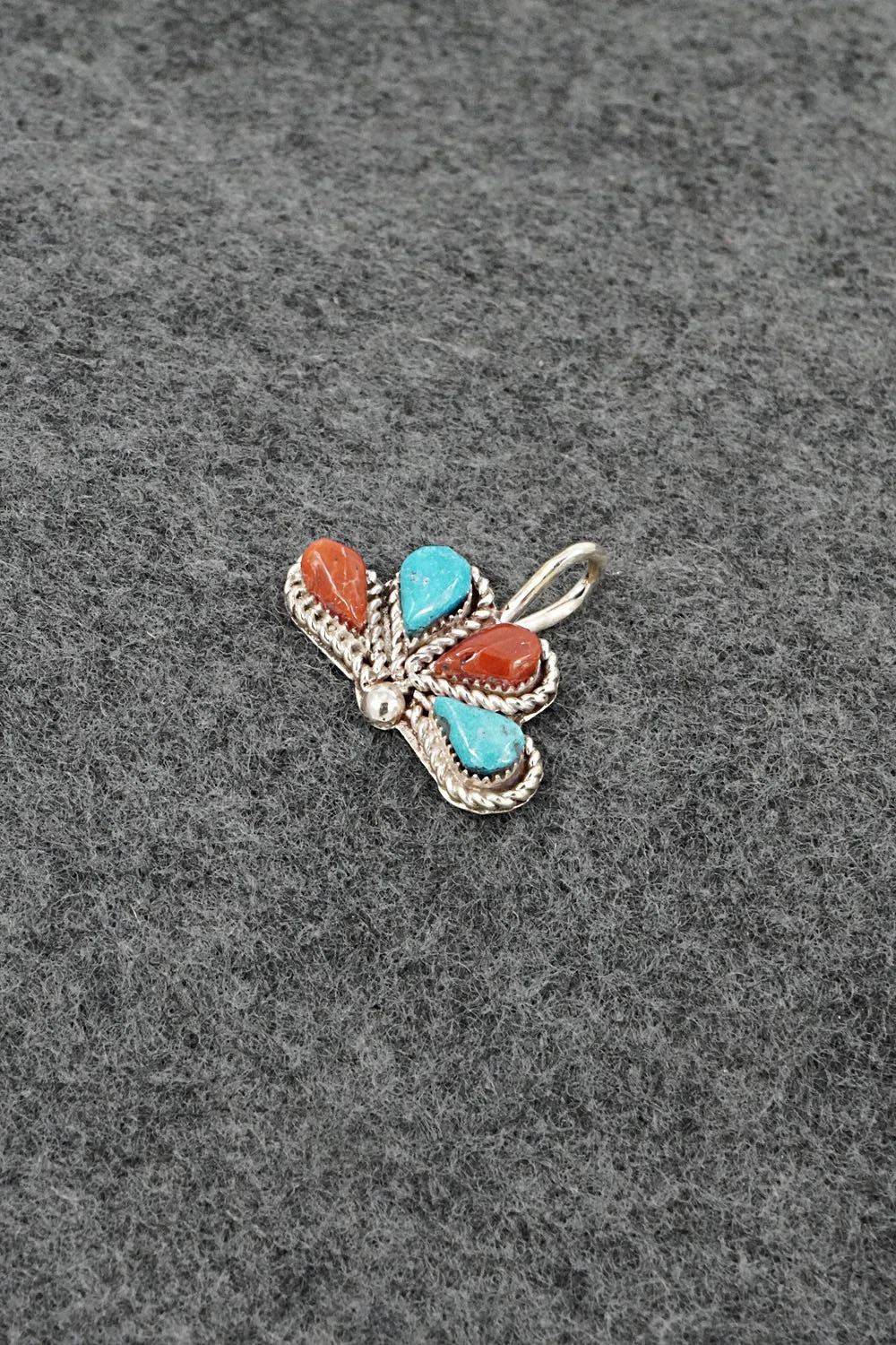 Coral, Turquoise & Sterling Silver Pendant - Huberta Lonjose
