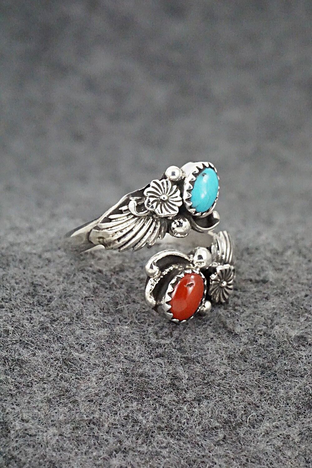 Turquoise, Coral & Sterling Silver Ring - Etta Belin - Size 9.5