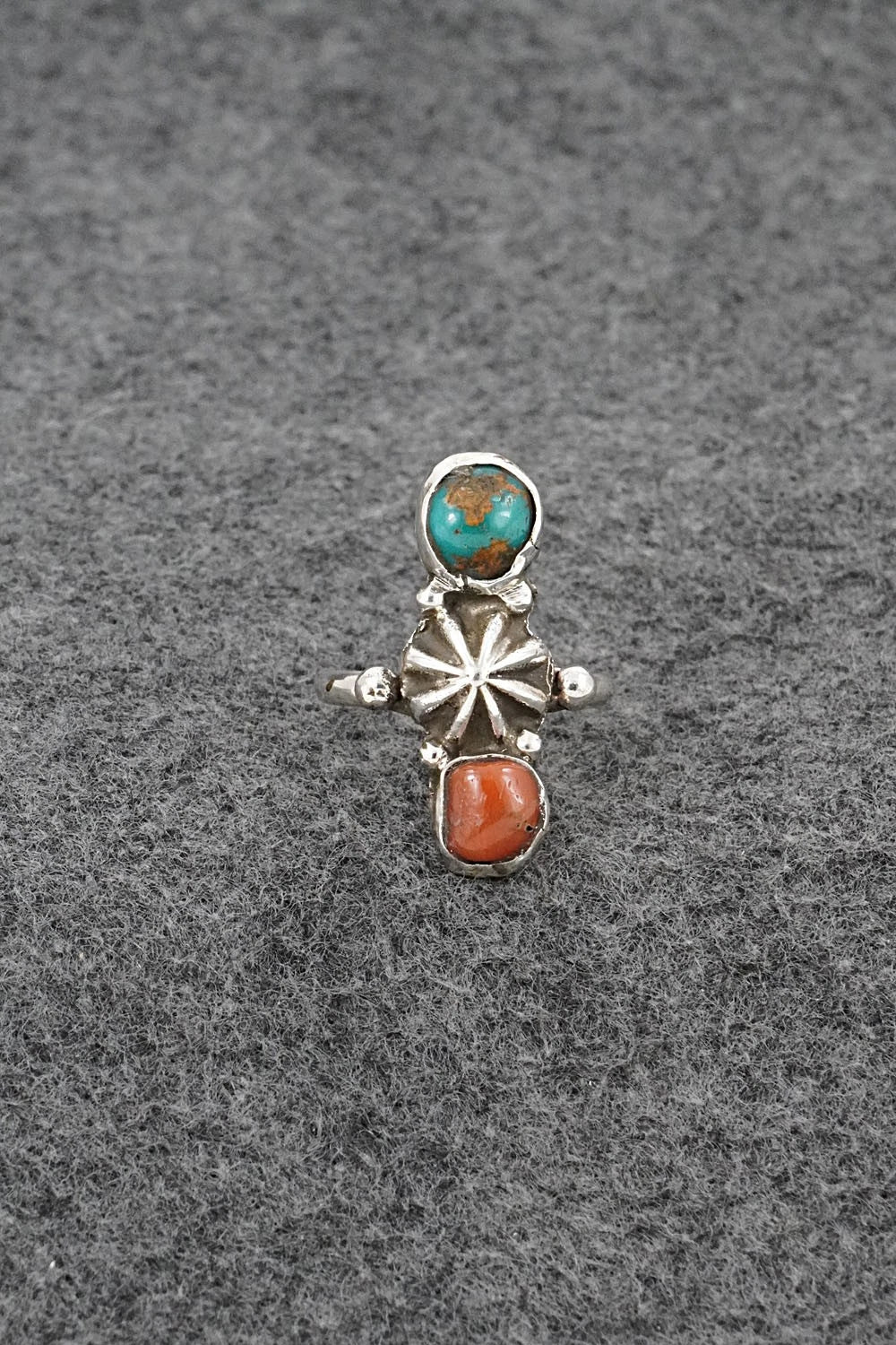 Turquoise, Coral & Sterling Silver Ring - Priscilla Reeder - Size 8