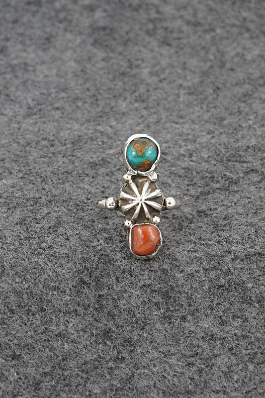 Turquoise, Coral & Sterling Silver Ring - Priscilla Reeder - Size 8