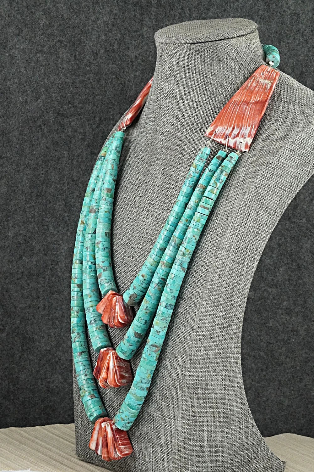 Turquoise, Spiny Oyster and Sterling Silver Necklace - Lupe Lovato