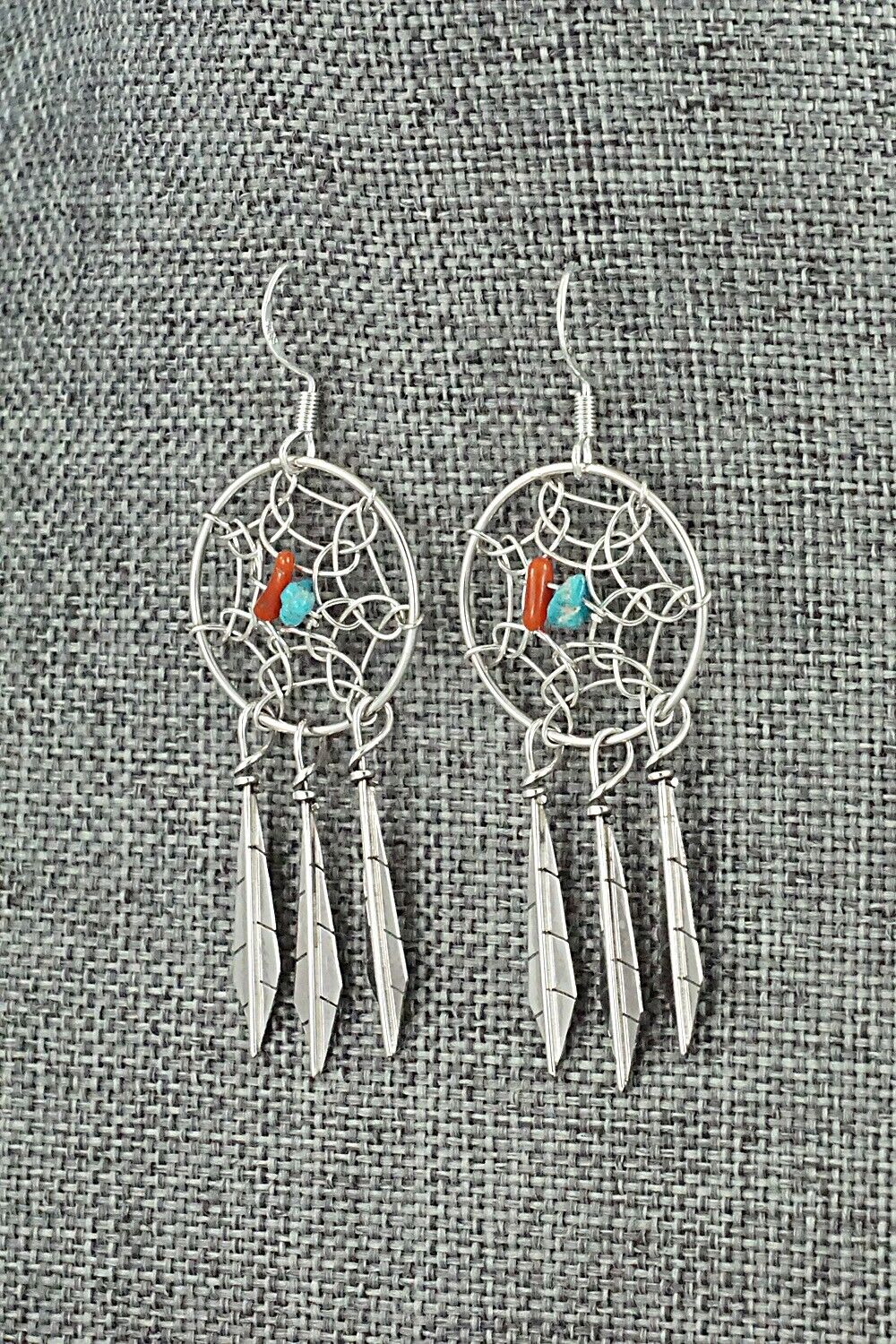 Turquoise, Coral & Sterling Silver Earrings - Lorenzo Arviso Jr.