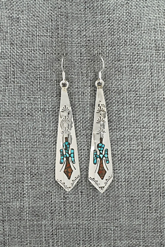 Turquoise, Coral Chip & Sterling Silver Earrings - Joleen Yazzie