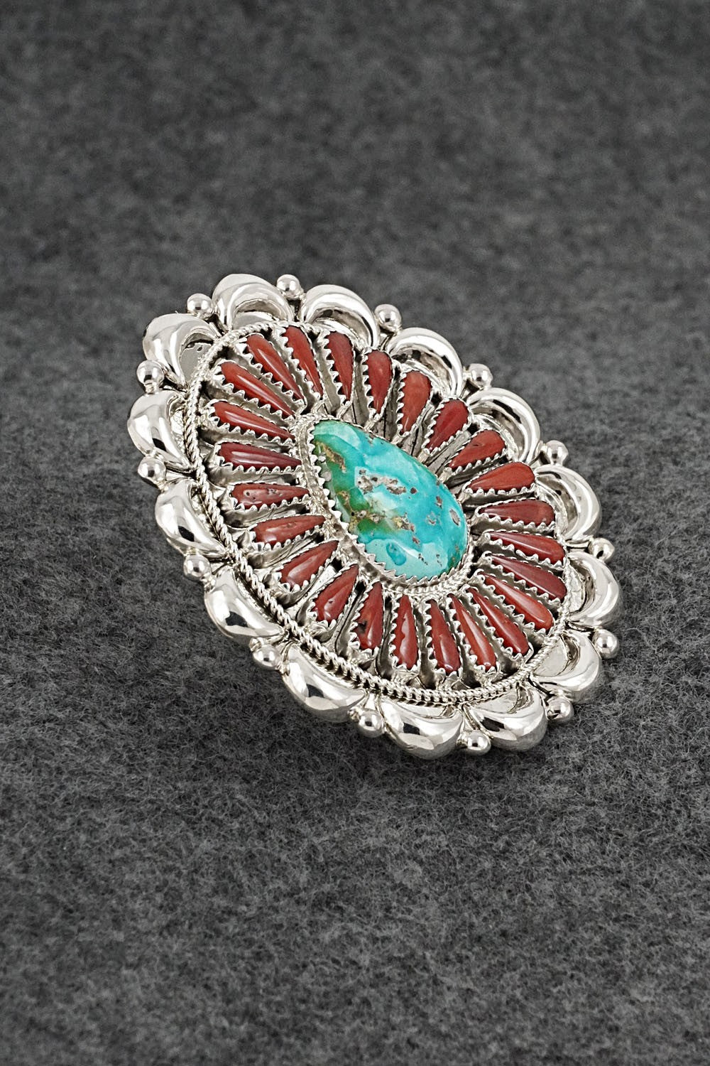 Turquoise, Coral & Sterling Silver Ring - Kyle Wilson - Size 7 Adjustable