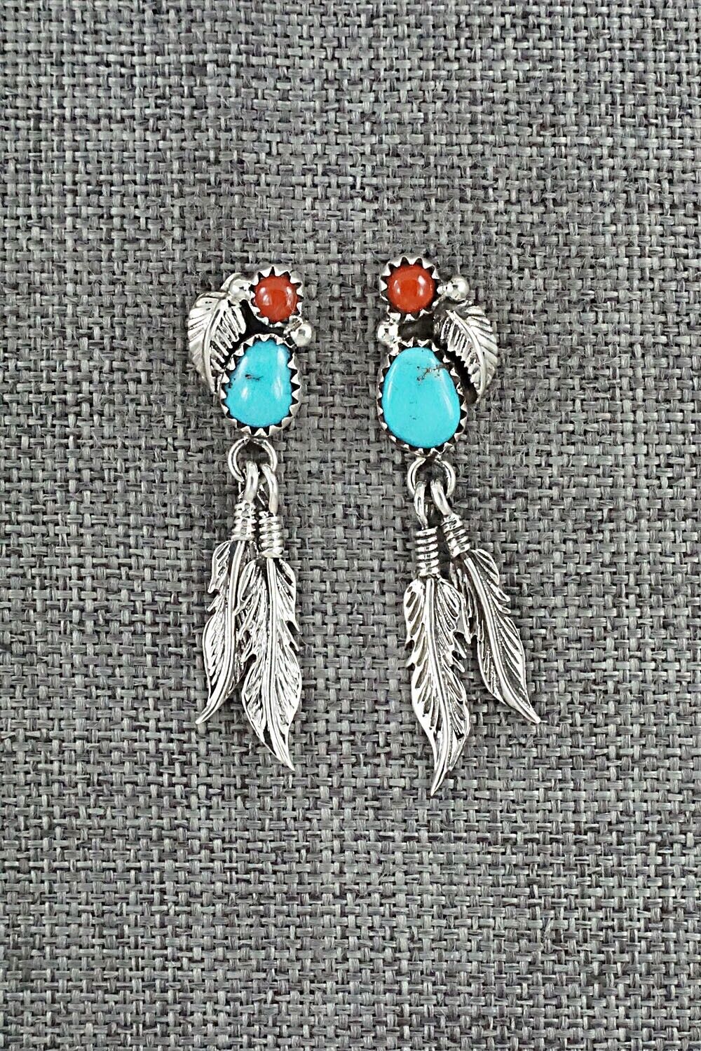 Turquoise, Coral & Sterling Silver Earrings - Marie Jones
