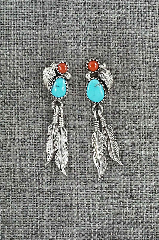 Turquoise, Coral & Sterling Silver Earrings - Marie Jones