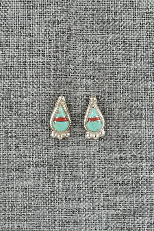 Turquoise, Coral & Sterling Silver Earrings - Terrance Panteah