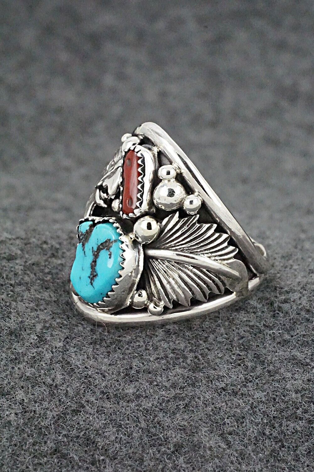 Turquoise, Coral & Sterling Silver Ring - Jeannette Saunders - Size 13