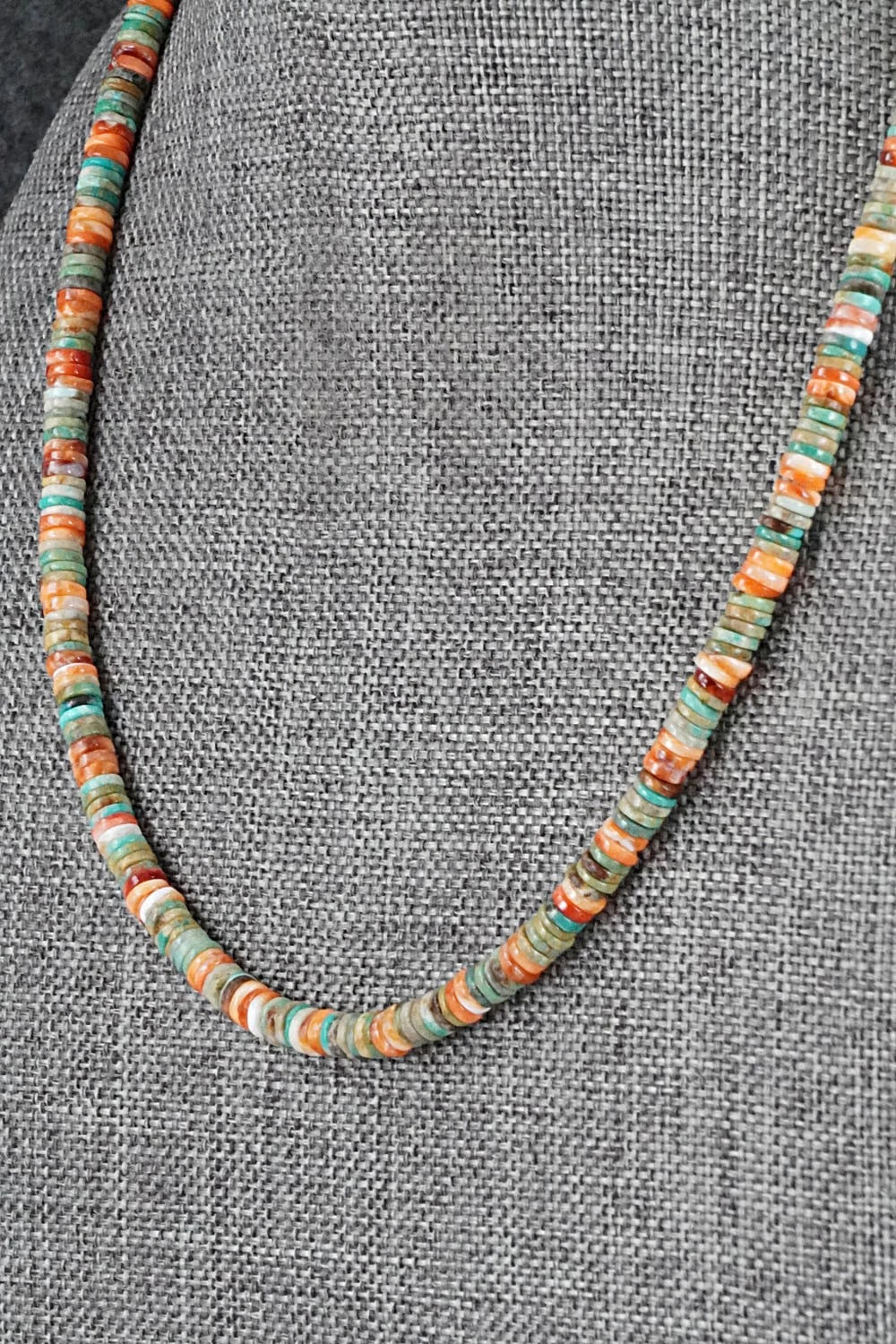 Turquoise, Spiny Oyster & Sterling Silver Necklace 17" - Doreen Jake