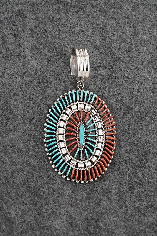Turquoise, Coral & Sterling Silver Pendant - Edmund Cooeyate