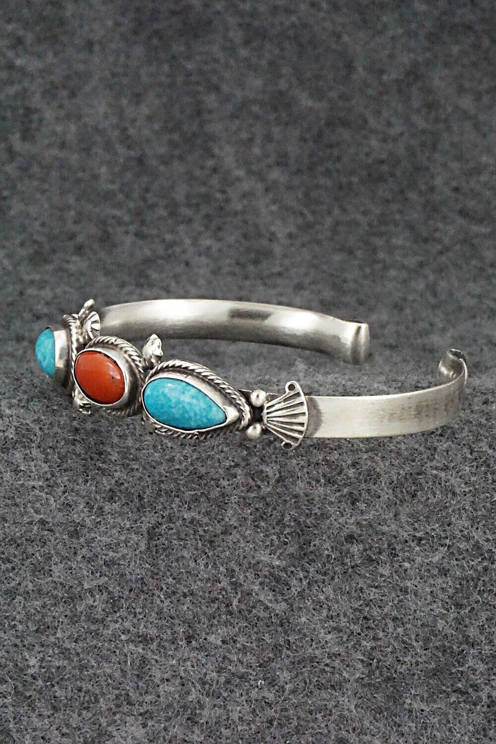 Turquoise, Coral & Sterling Silver Bracelet - Bobby Platero