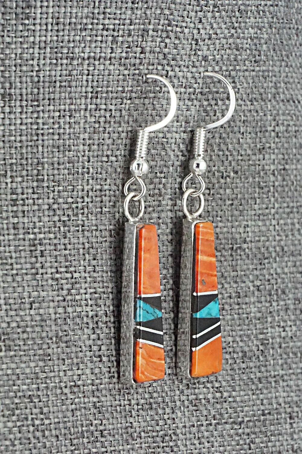 Spiny Oyster, Turquoise, Onyx & Sterling Silver Inlay Earrings - Priscella Smith