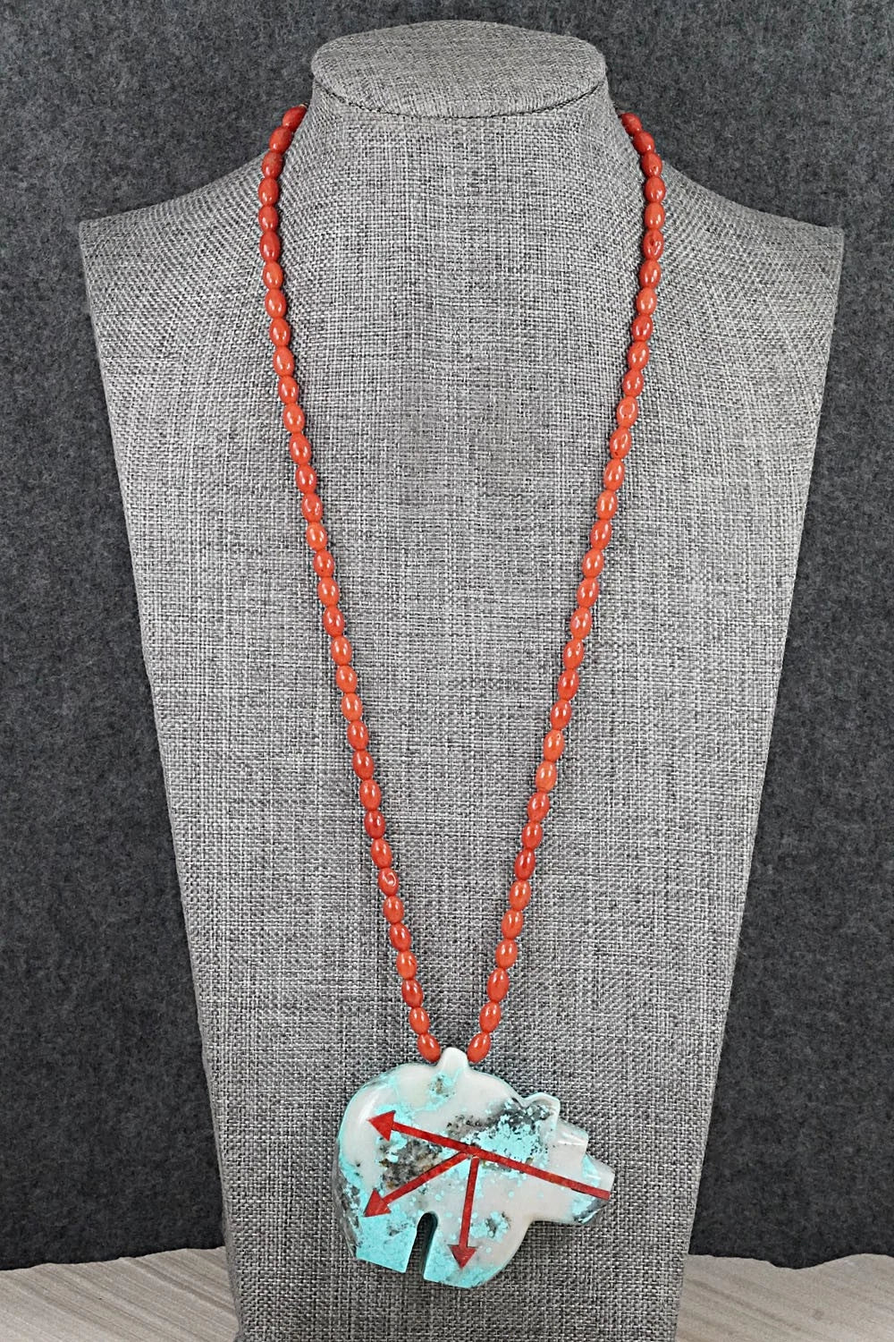 Coral, Turquoise Zuni Fetish & Sterling Silver Necklace - Bernard Laiwakete