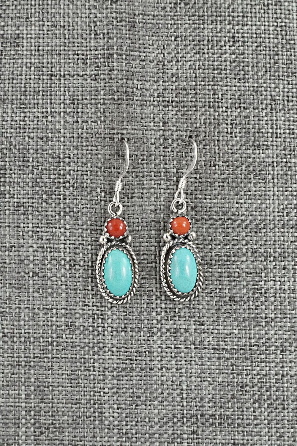 Turquoise, Coral & Sterling Silver Earrings - Verley Betone