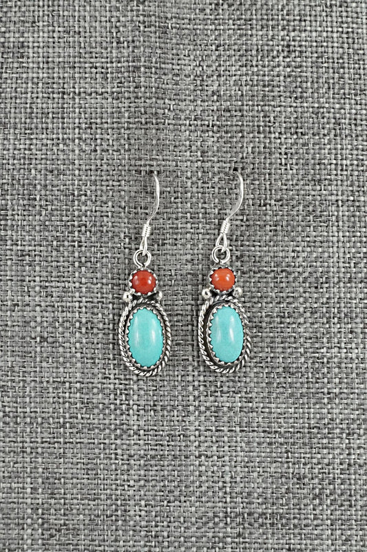 Turquoise, Coral & Sterling Silver Earrings - Verley Betone