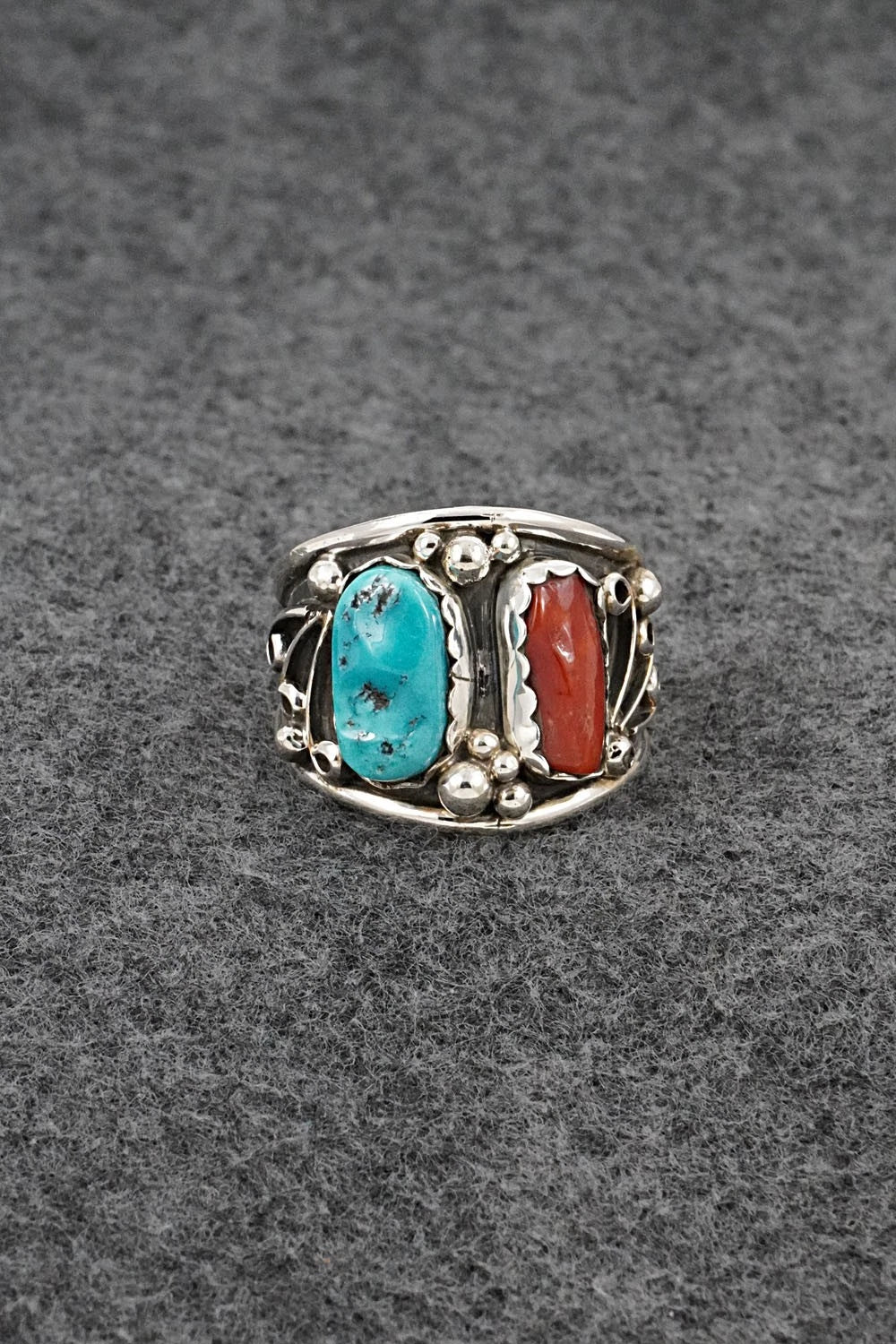 Turquoise, Coral & Sterling Silver Ring - Darrell Morgan - Size 12