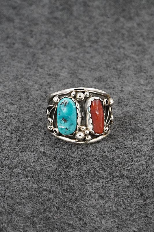 Turquoise, Coral & Sterling Silver Ring - Darrell Morgan - Size 12