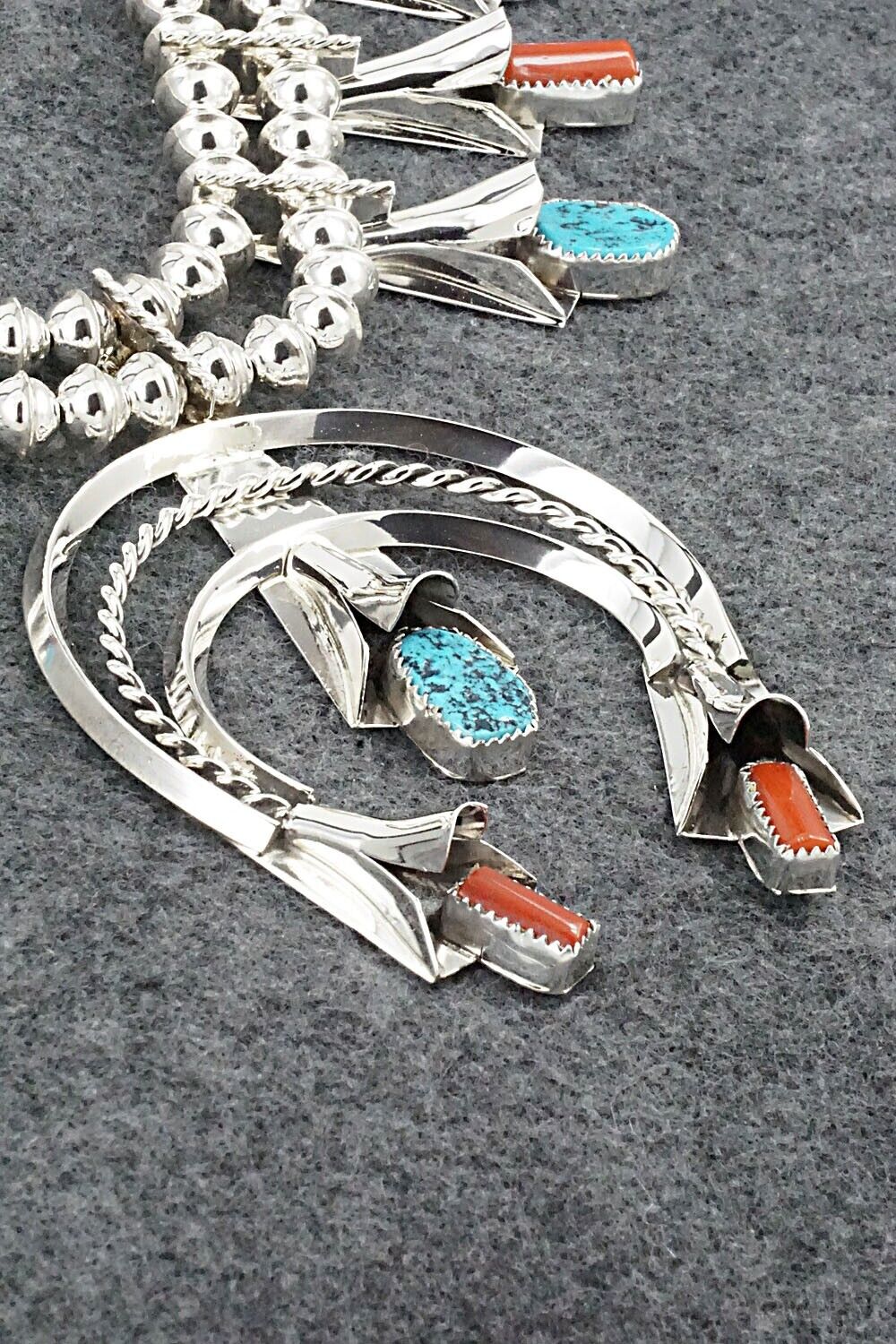 Turquoise, Coral & Sterling Silver Squash Blossom Set - Louise Yazzie