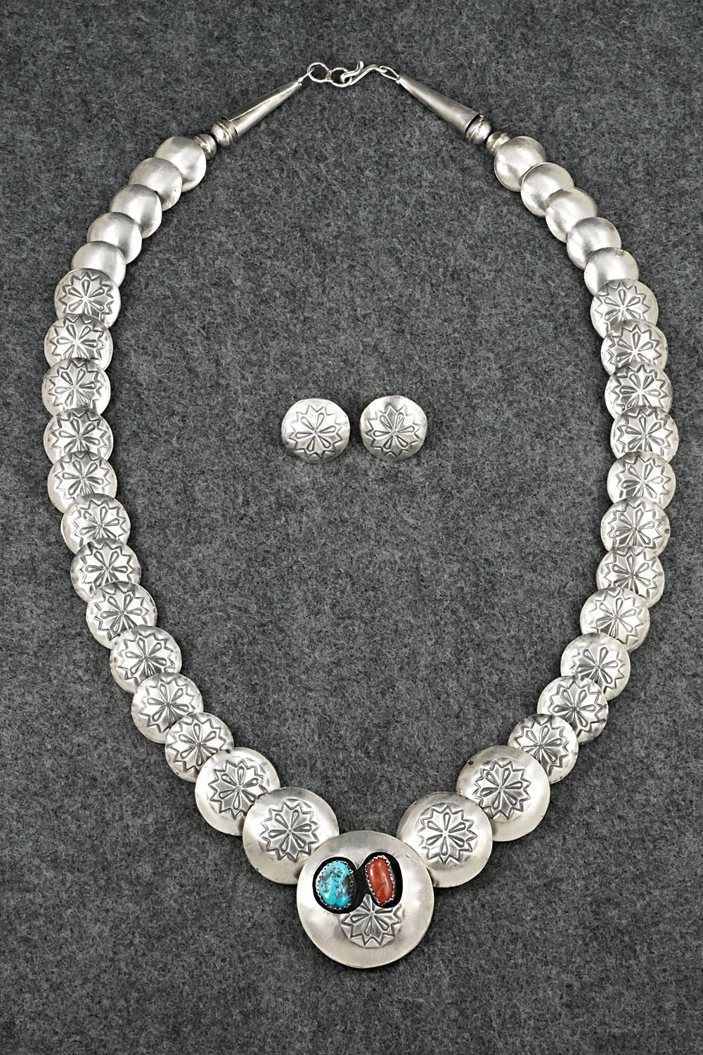 Turquoise, Coral & Sterling Silver Necklace and Earrings Set - Tim Thompson