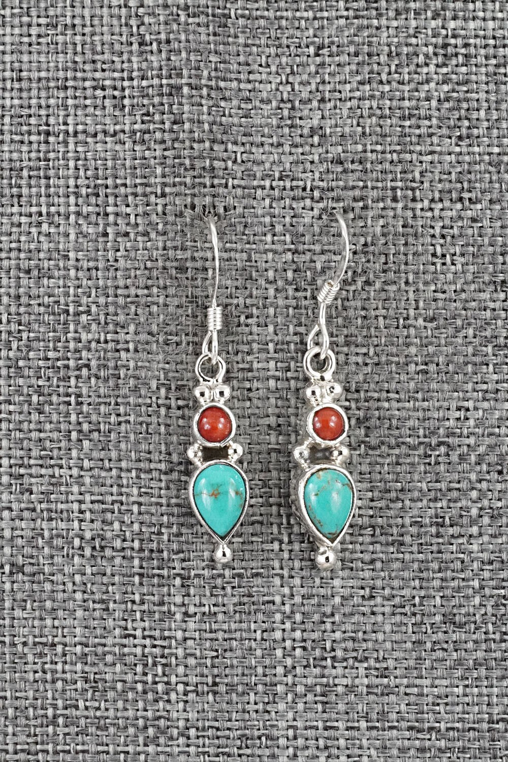Turquoise, Coral & Sterling Silver Earrings - Gary Shorty