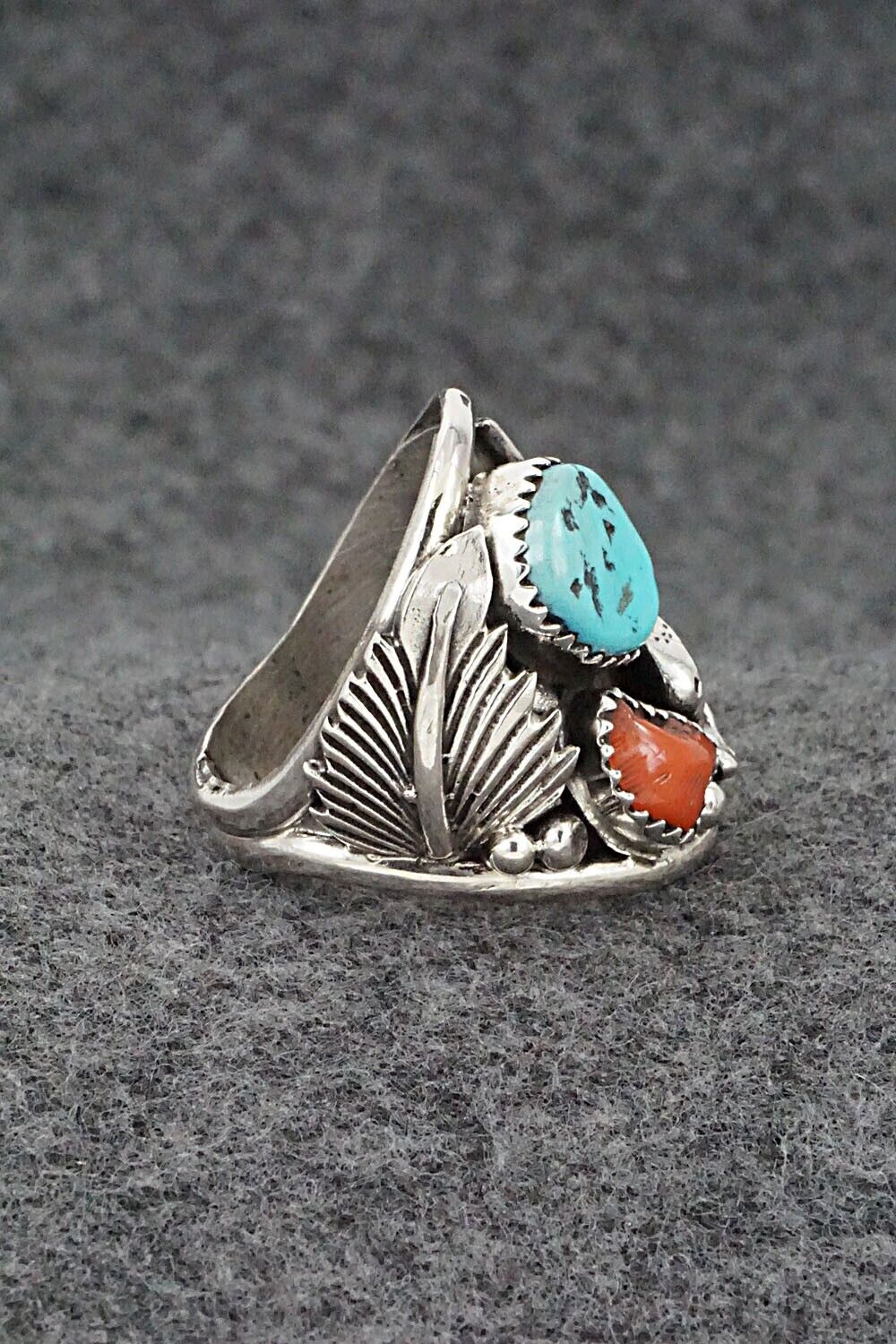 Turquoise, Coral & Sterling Silver Ring - Jeannette Saunders - Size 9.5