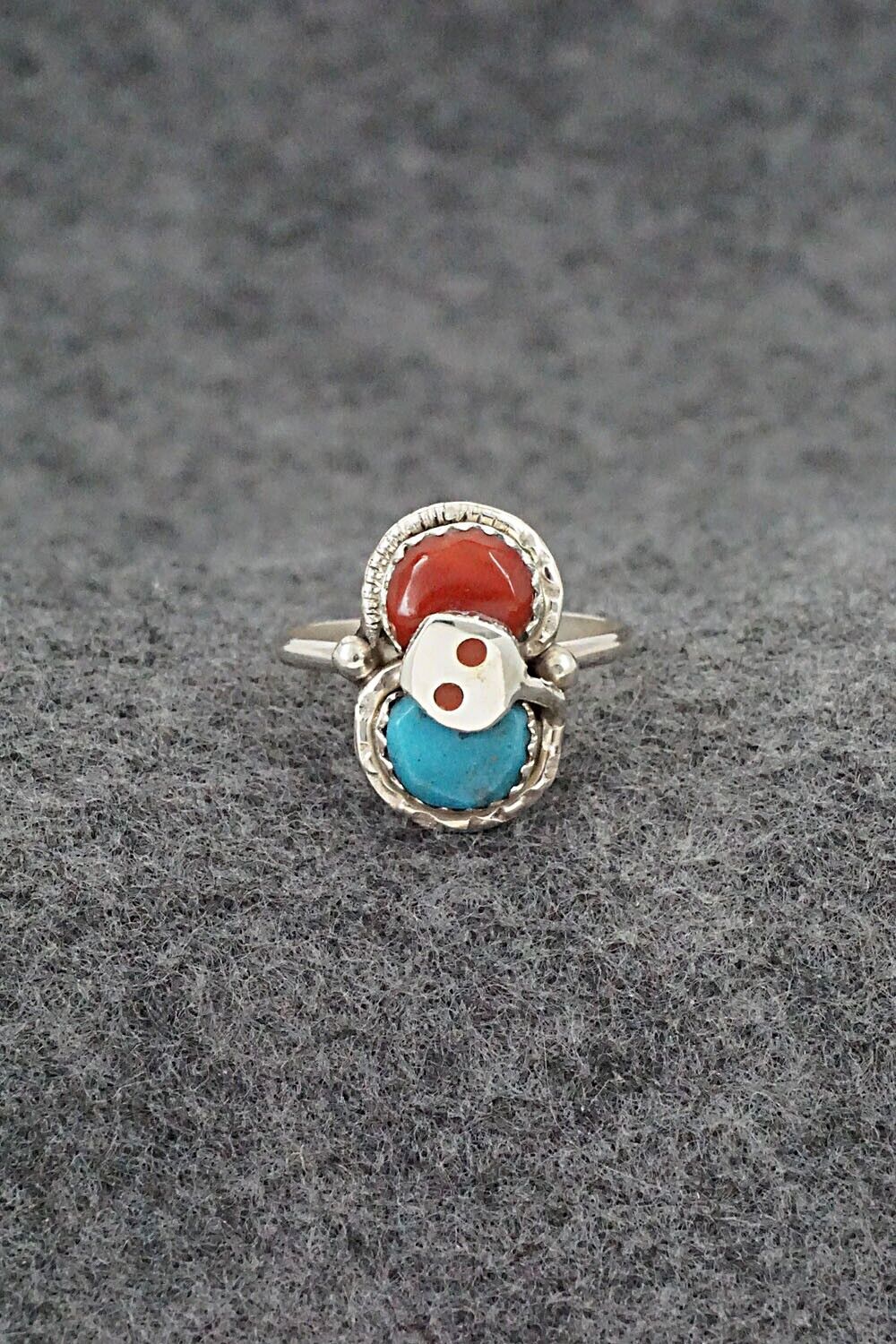 Turquoise, Coral & Sterling Silver Ring - Joy Calavaza - Size 8.5