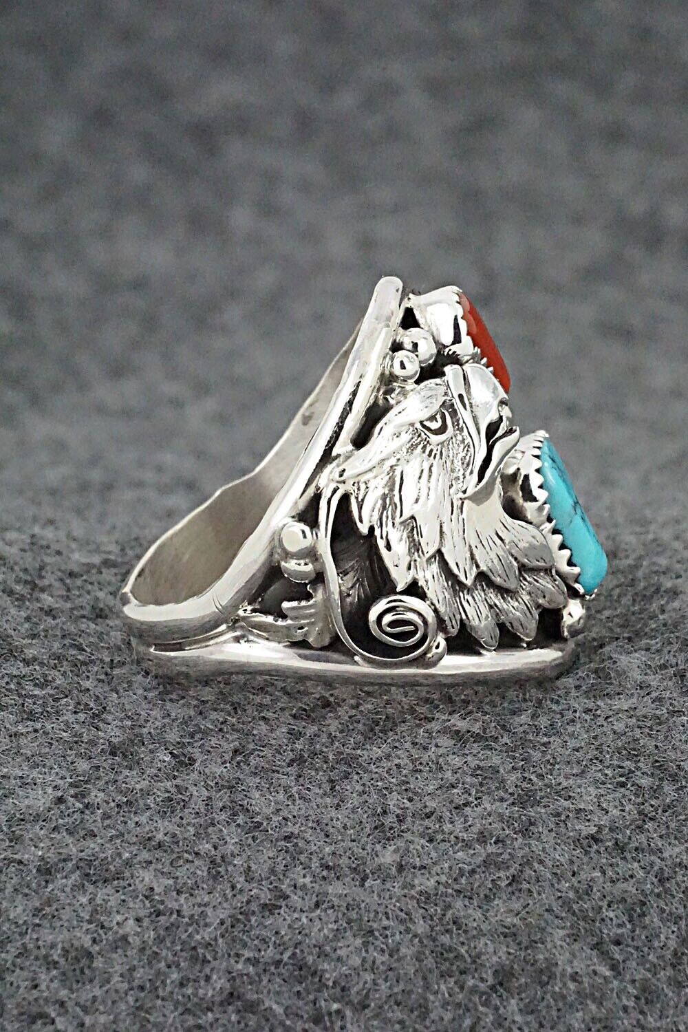 Turquoise, Coral & Sterling Silver Ring - Jeannette Saunders - Size 13.75